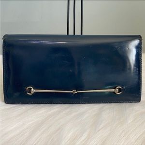 Vintage Gucci patent blue leather bifold horse-bit long wallet